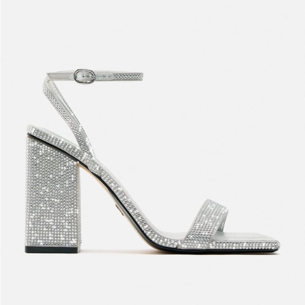 Zara Silver Block Heel Rhinestone Sandals - Picture 1 of 8